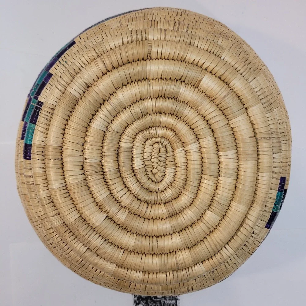 Woven Basket Bowl Home Decor Purple Teal Tan Handcrafted Coiled 9in Weave